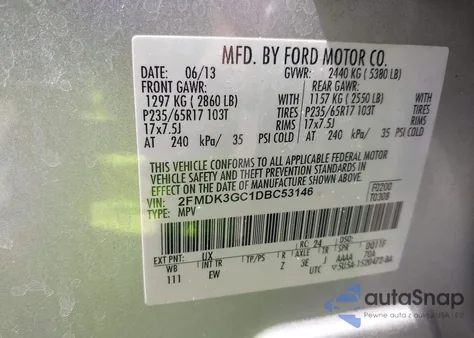 2013 Ford Edge Se из США, поврежденный, VIN 2FMDK3GC1DBC53146